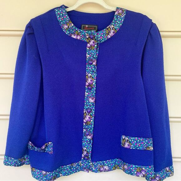 Vibrant Vintage Royal Blue Floral Trim Cardigan Size L - Picture 1 of 9